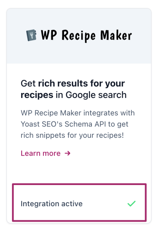 WP Recipe Maker integration card in Yoast SEO showing a green check mark to indicate that the integration is active