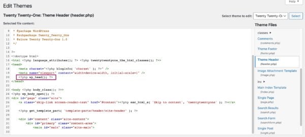 Screenshot of a call to wp_head() in the theme header file. 