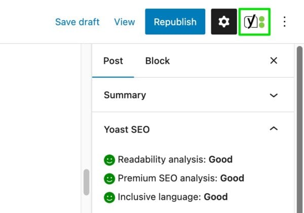 screenshot of Yoast SEO icon that opens up the Yoast SEO sidebar