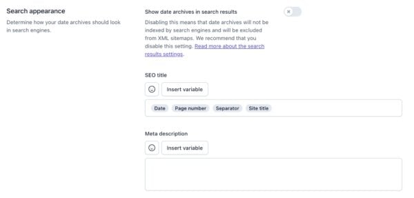 Screenshot of the Search appearance section in the Date archives settings in Yoast SEO