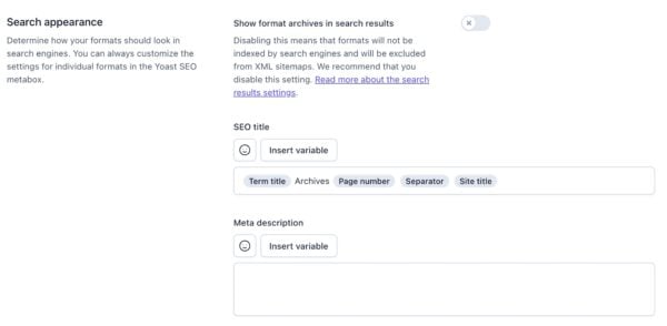Screenshot of the Search appearance section in the Format-based archives settings in Yoast SEO