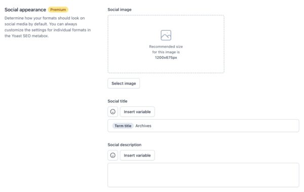 Screenshot of the Social appearance (Premium) section in the Format-based archives settings in Yoast SEO