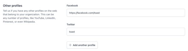 Screenshot of the "Other profiles" section in the Site representation settings in Yoast SEO when your site represents an organization.