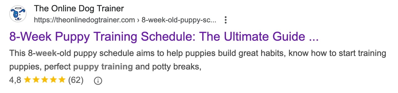 an example of a meta description showing one on puppy training, including review ratings