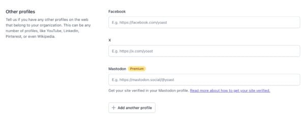 Other social media profiles in site representation settings, such as Facebook ,X and Mastodon