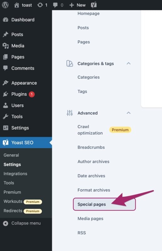 Screenshot of the Special pages menu item in the Yoast SEO settings