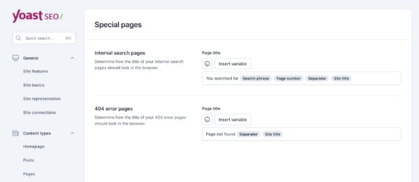Screenshot of the Special pages settings in Yoast SEO