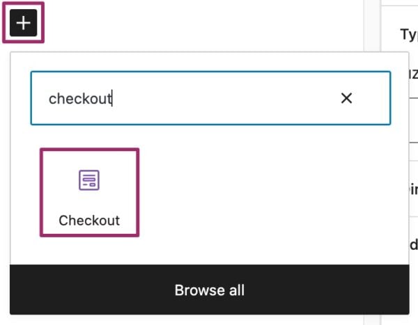 Screenshot of adding the checkout block