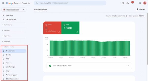 screenshot showing the structured data enhancements report in google search console
