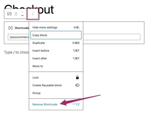 Screenshot of removing the checkout shortcode