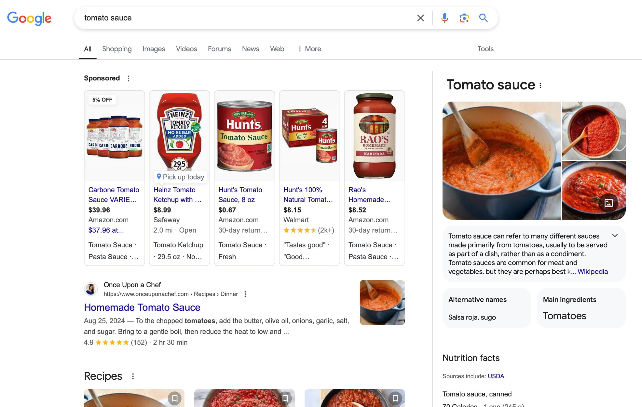 an example of an informational search for the term tomato sauce in google