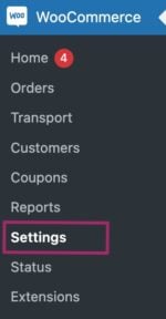 Screenshot of the WooCommerce admin menu item, highlighting the Settings option.
