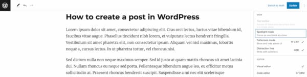 distraction free mode in WordPress 6.2