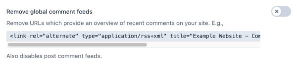 screenshot of the "Remove global comments feed" toggle in the crawl optimization settings in Yoast SEO