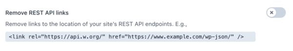 screenshot of the "Remove REST API links" toggle in the crawl optimization settings in Yoast SEO