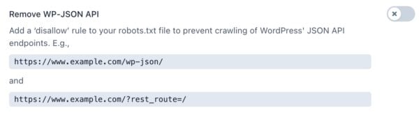 screenshot of the "Remove WP-JSON API" toggle in the crawl optimization settings in Yoast SEO