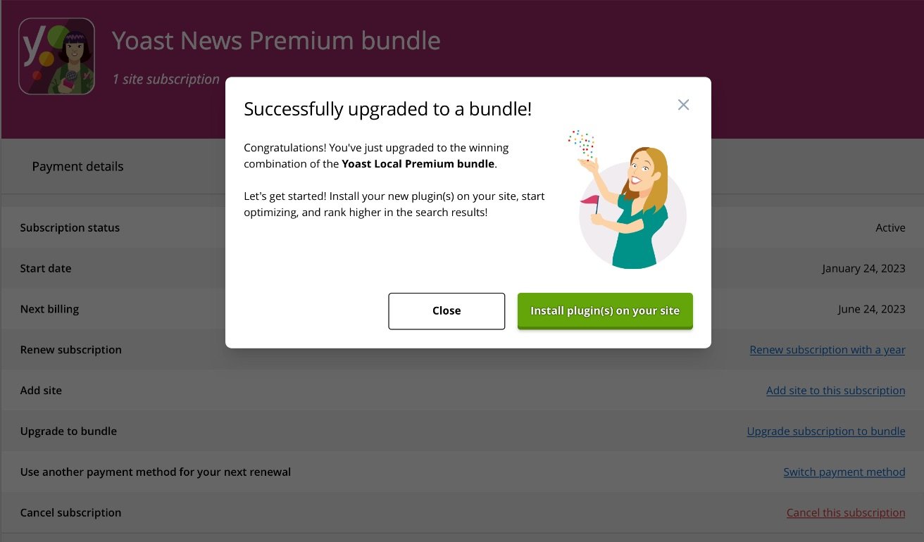 screenshot of a pop-up screen that shows you've successfully upgraded to a bundle