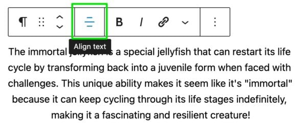 screenshot of the align text option in the WordPress paragraph toolbar