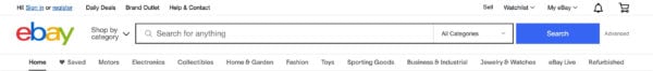 Верхнее меню ebay с красочным логотипом, ссылками на различные разделы сайта и большой строкой поиска.