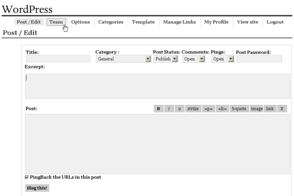 Screens،t of what WordPress 0.7 looked like