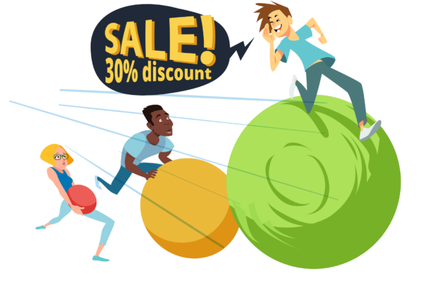 Image showing a person screaming "Sale 30% discount" to two other persons.