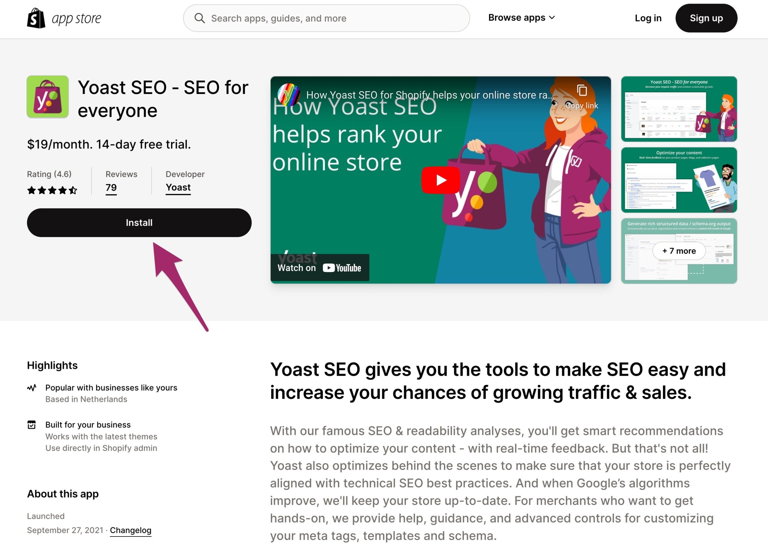 Screenshot of the Yoast SEO app page in the Shopify App Store