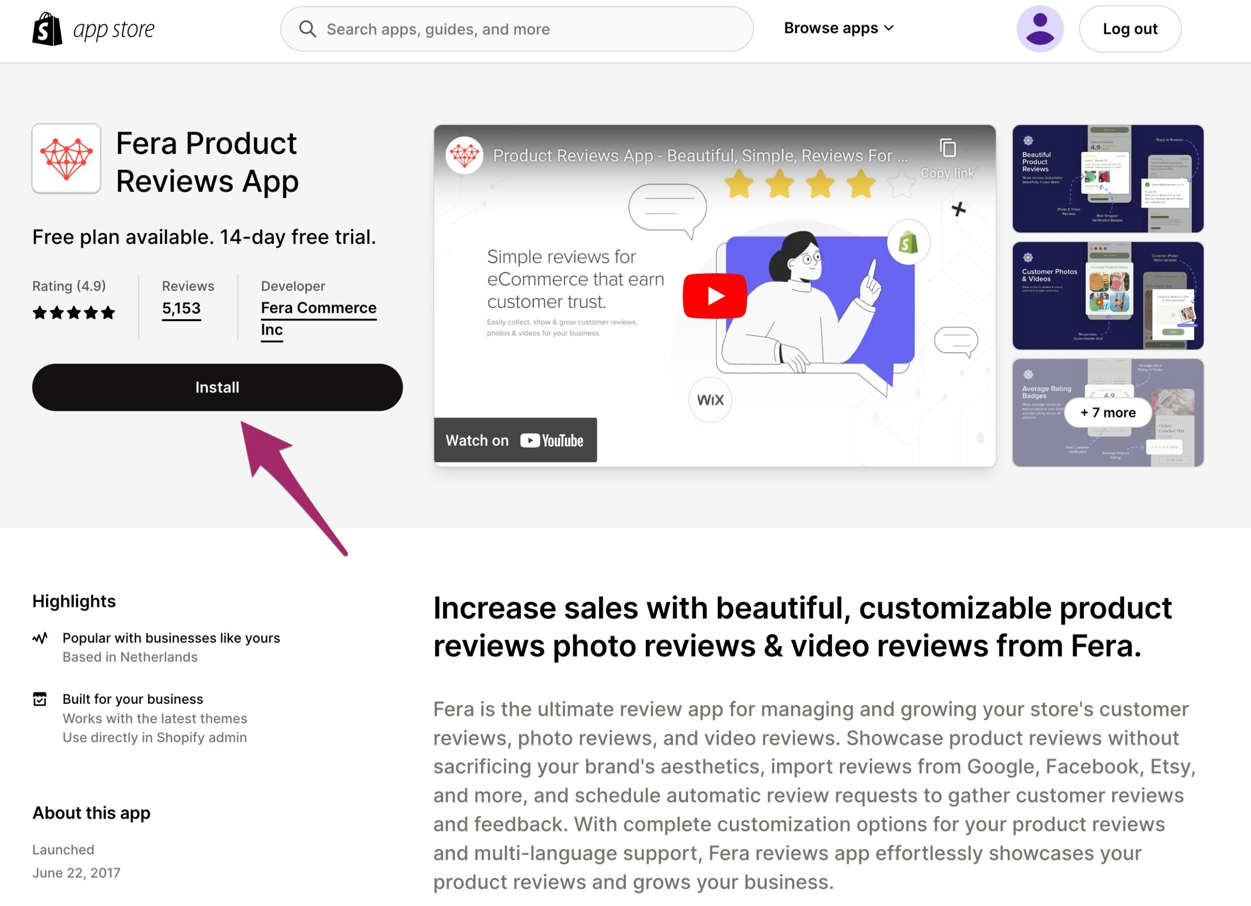 Screenshot of the Fera app page in the Shopify App Store