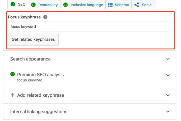 le champ de saisie Yoast SEO pour la phrase clé de focus dans la méta-boîte de l'éditeur de publication 