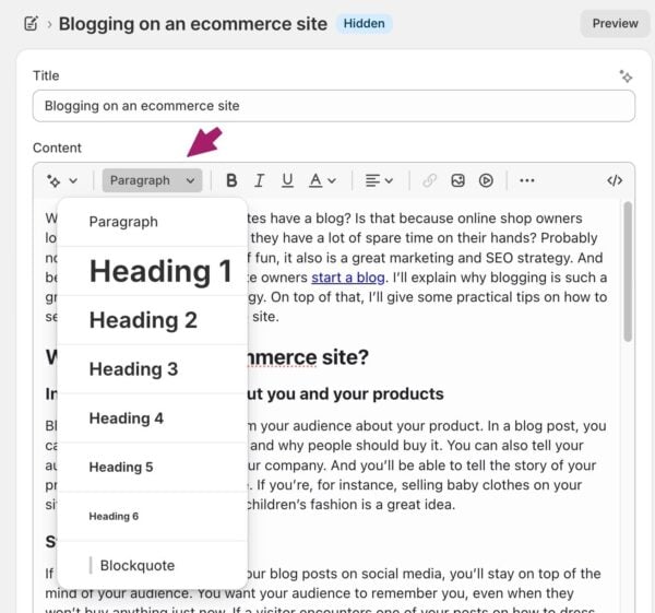 How to Use Headings on Your Website • Yoast Adding a header in Shopify's NLOG editor using the dropdown menu
