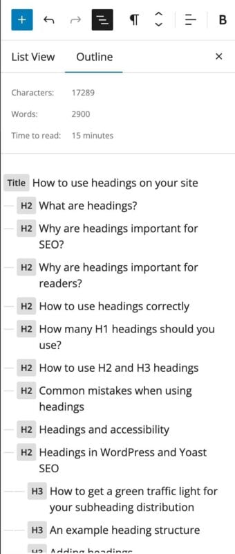 How to Use Headings on Your Website • Yoast The outline menu in the block editor shows the hierarchy of headings