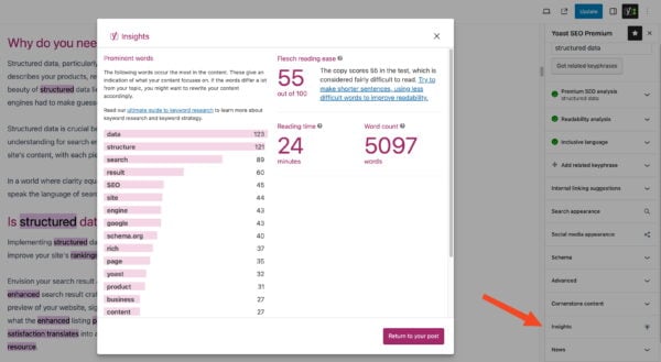the insights modal in yoast seo showing details about an article