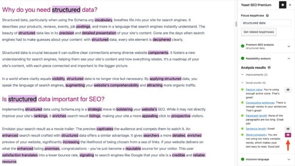 an example of a post in the WordPress editor with complex words highlighted by Yoast SEO