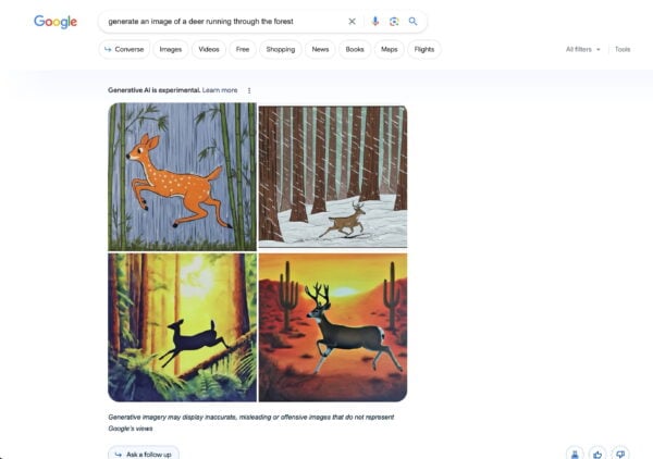 четыре изображения оленя, созданные в результате эксперимента генеративного поиска 