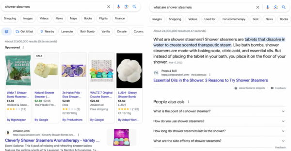 screenshots of online search queries for shower steamers