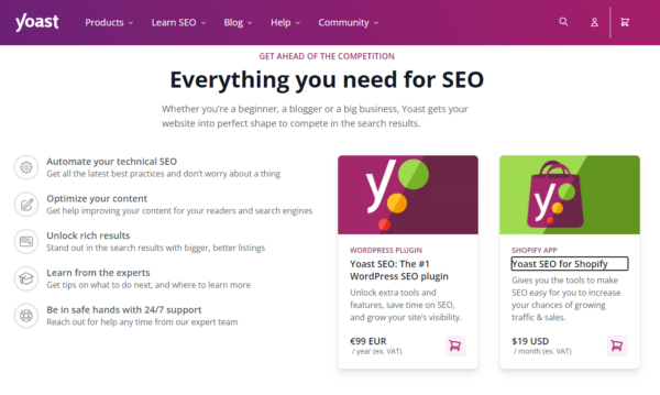 A screenshot of the Yoast homepage. There is a black outline of the title Yoast SEO for Shopify.