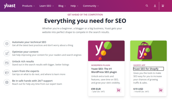 تصویری از صفحه اصلی Yoast.  یک طرح کلی سیاه از Yoast SEO برای عنوان Shopify وجود دارد.