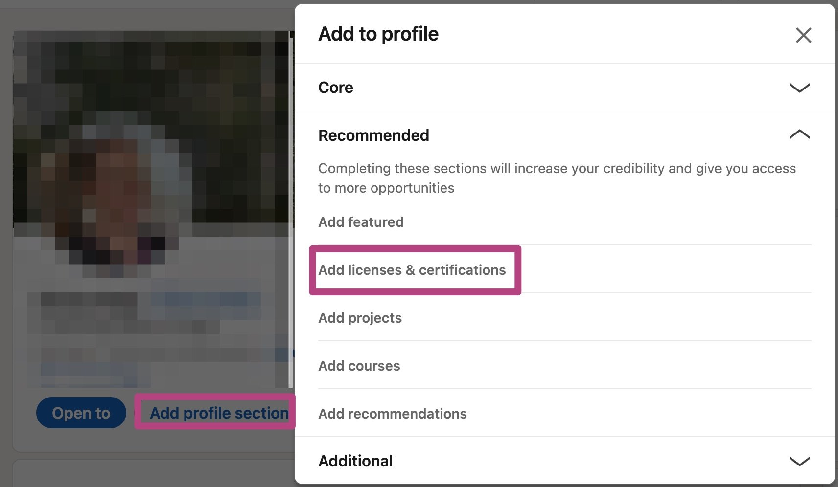 A screenshot of a LinkedIn profile, with purple boxes around add profile section and add licenses & certifications