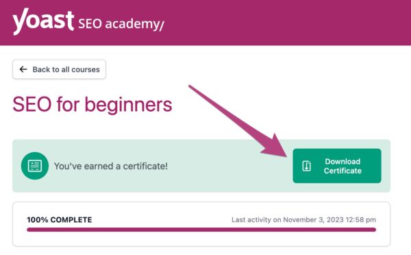 A screenshot of the completion page for the SEO for beginners course, with an arrow pointing to the download certificate button