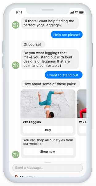 An illustration  of conversational commerce. It depicts a chat of a fictional institution  with a imaginable   lawsuit    astir  yoga leggings. The lawsuit    asks the institution  for assistance   and the institution  shows a fewer  products. All the products person  a bargain  button. 