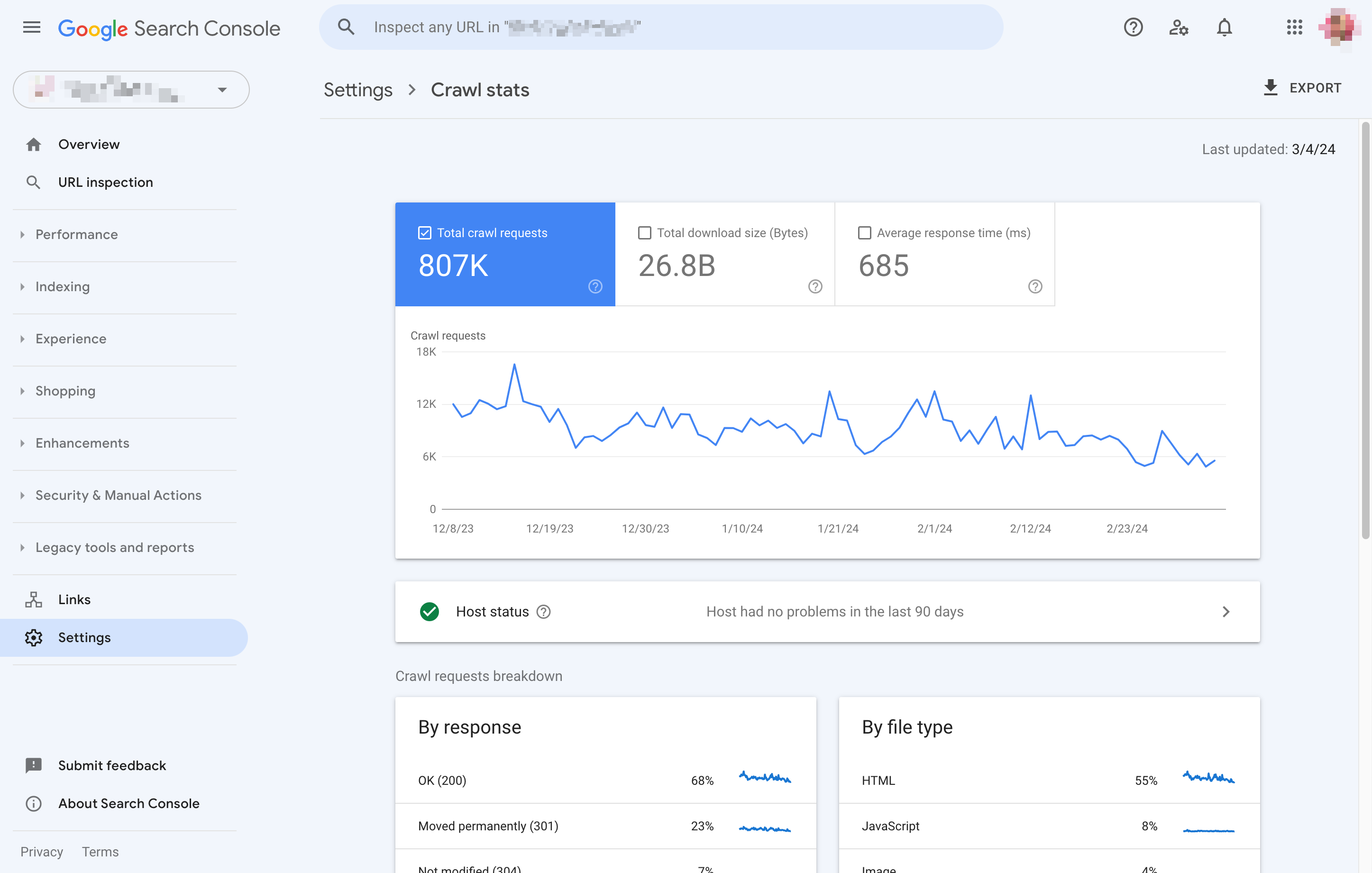 a screen showing the crawl stats of a website in google search console