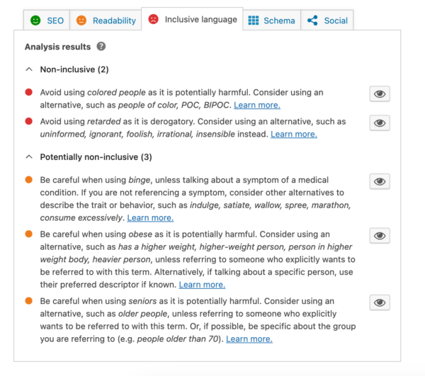an image of the inclusive language feature box inside the plugin