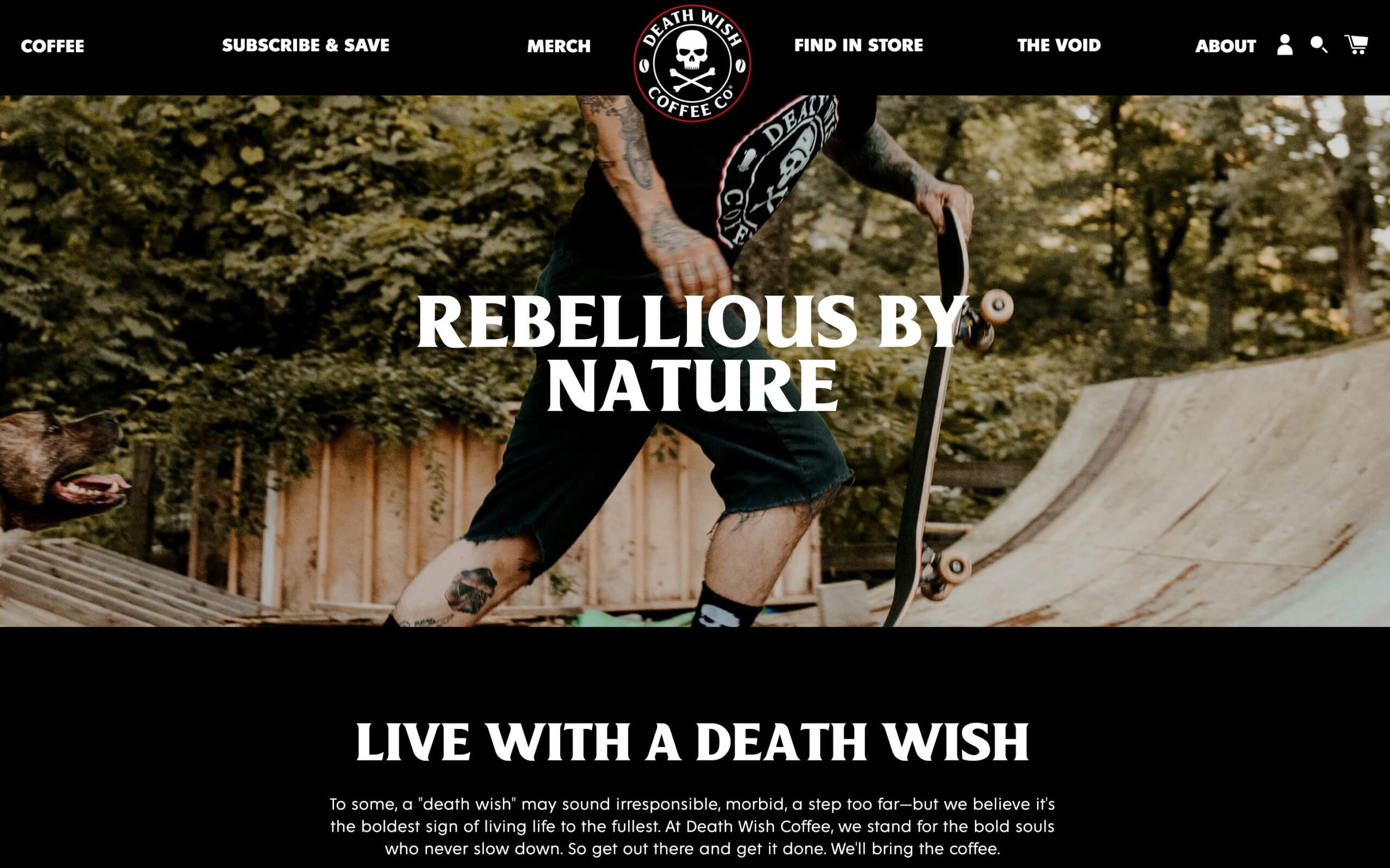 shopify online store death wish coffee has a a good mission. "Rebellious by nature: live with a death wish"