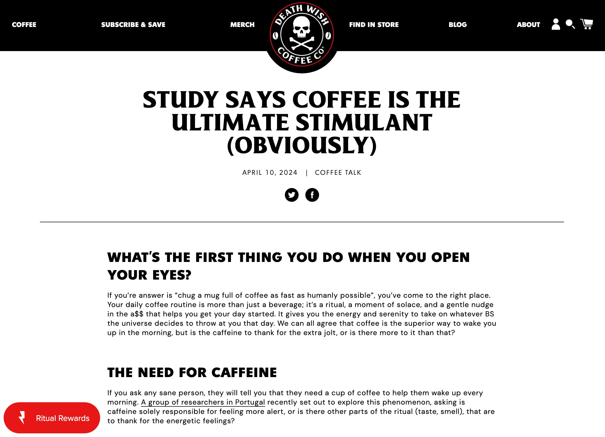 Um exemplo de postagem no blog do Death Wish Coffee Shopify