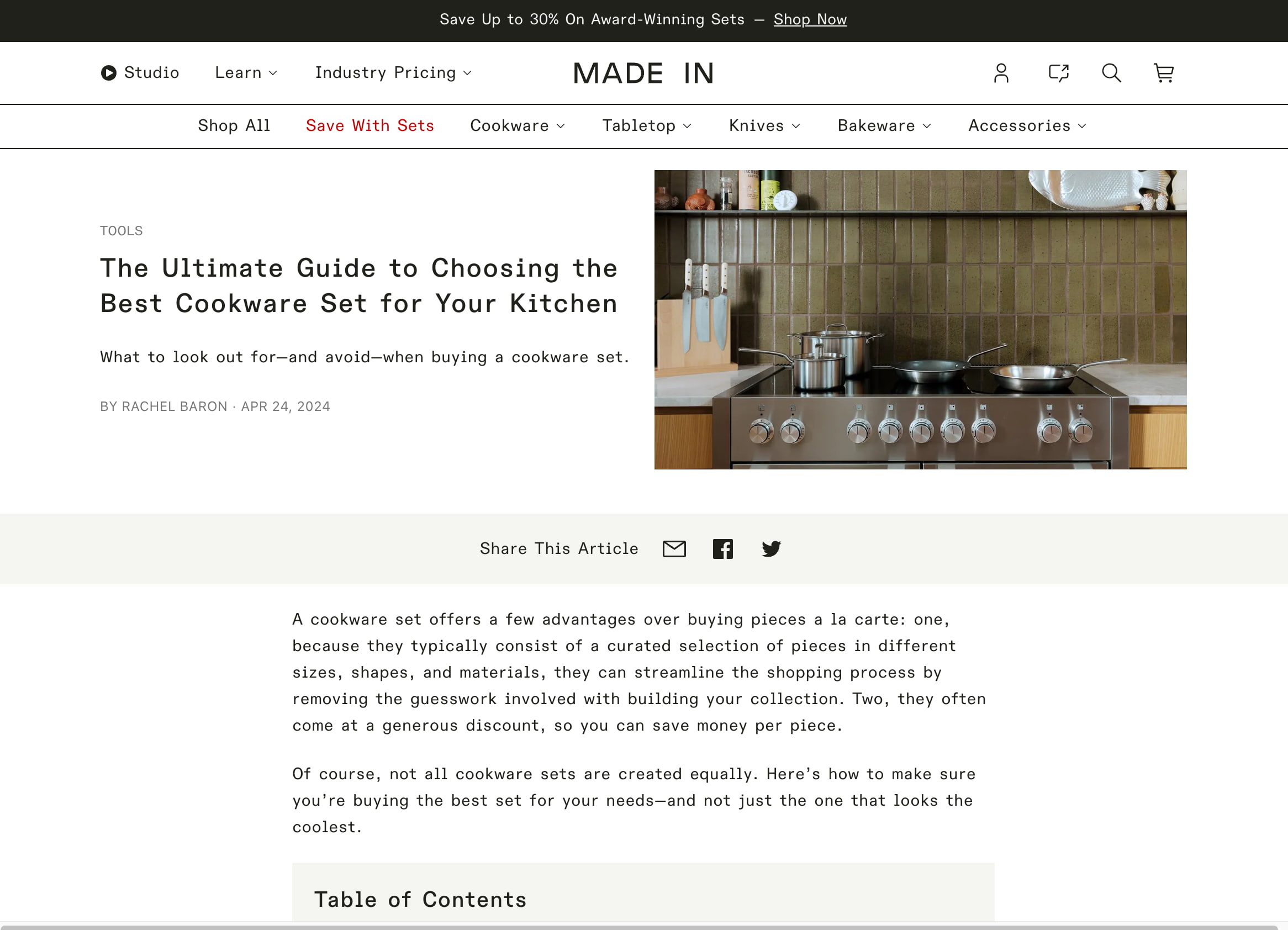 Um exemplo de postagem no blog da Made In Cookware Shopify