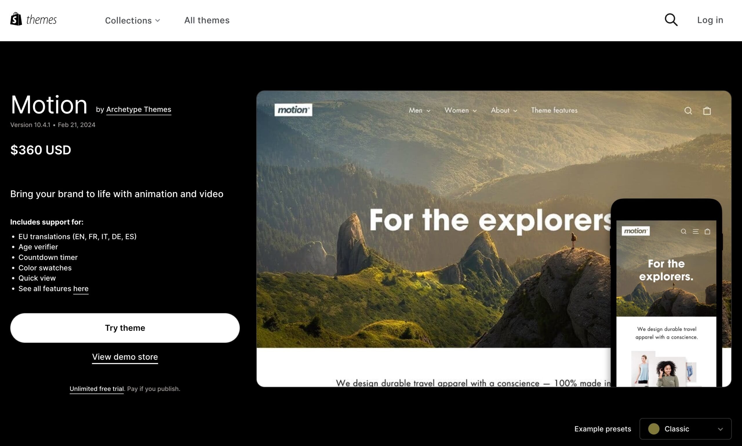 An example of a Shopify theme in the Theme Store