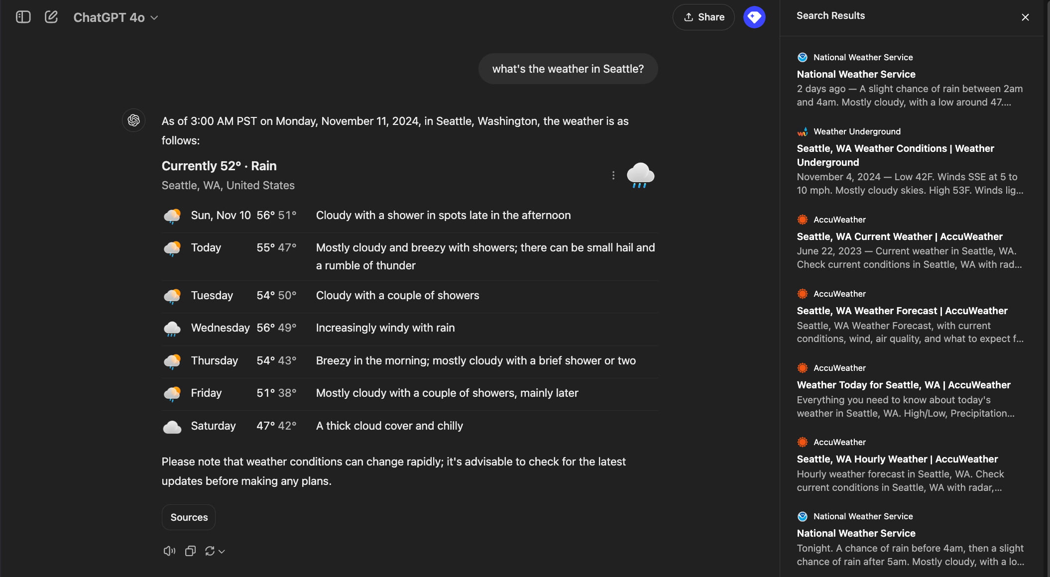 chatgpt search interface showing the weather for seattle