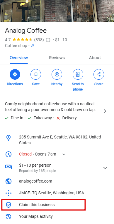 Screenshot of a listing for a coffeehouse. Highlighted is the 