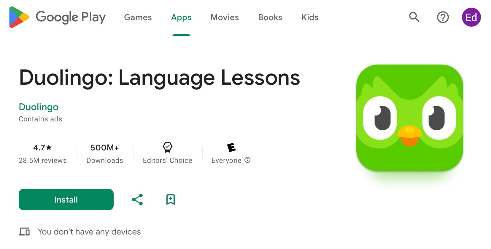 the mobile entry for Duolingo with the famous owl logo