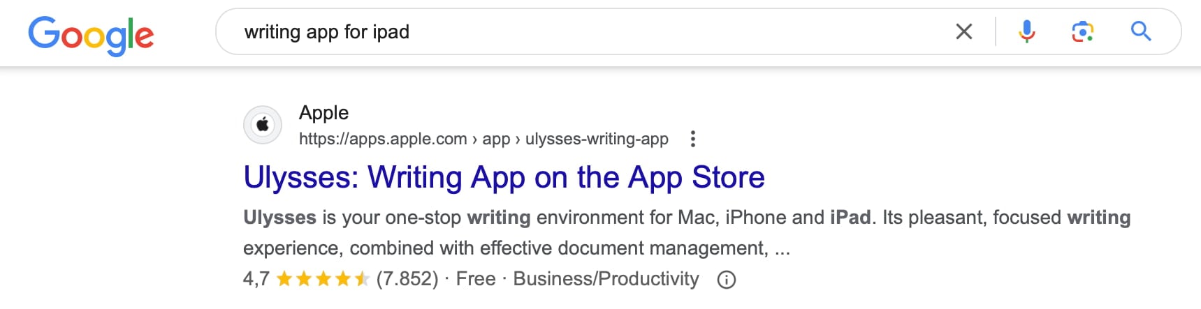 Google result of a search for writing apps for iPad using the Ulysses app