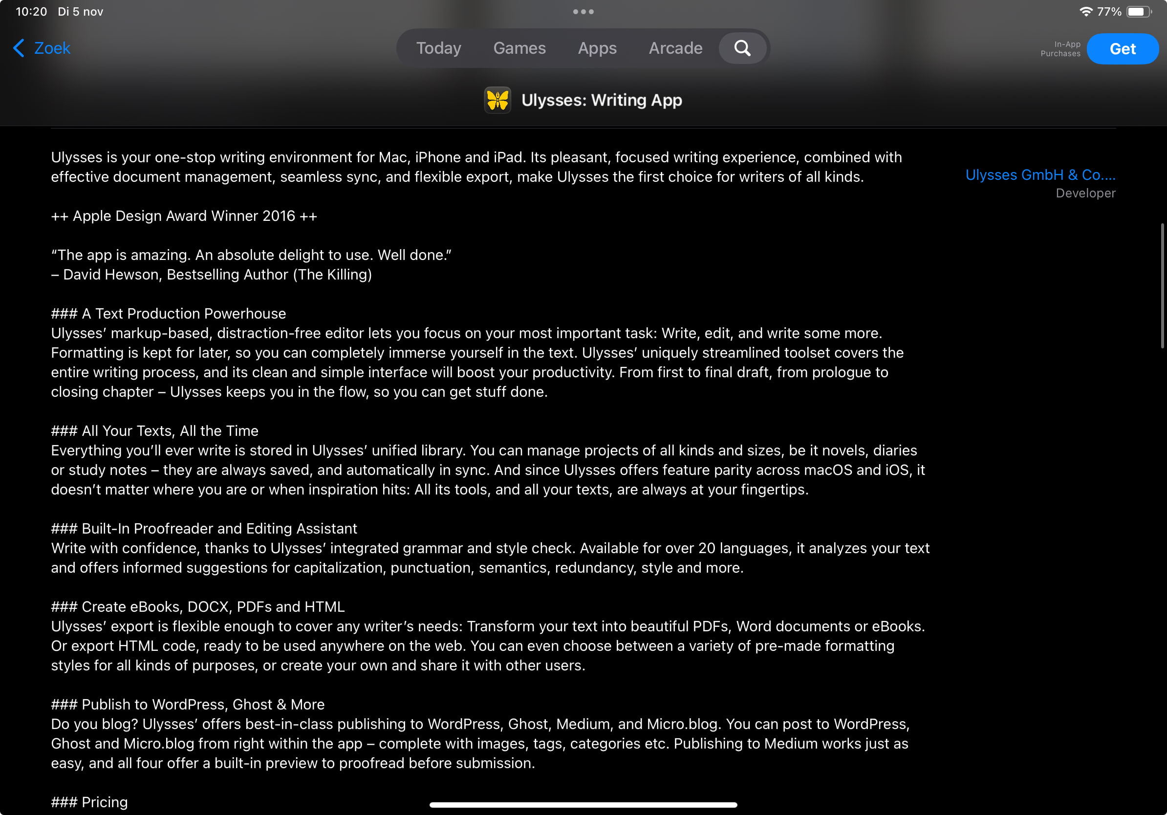 An app listing for Ulysses in the Apple App Store with the description